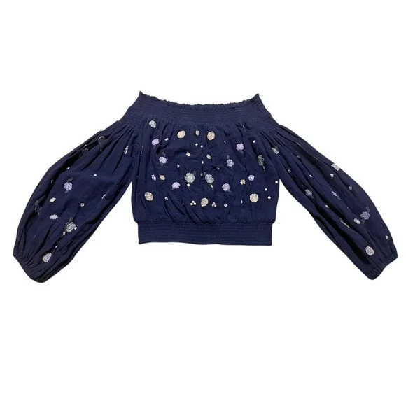 Free People Embroidered Off The Shoulder Blouse Navy Blue Floral Smocked Top S - Picture 10 of 10